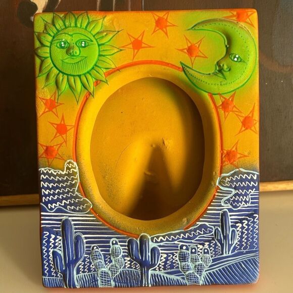 Vtg Mexican Folk Art Pottery Picture Frame Sun Moon Celestial Face Green Blue - Picture 14 of 16